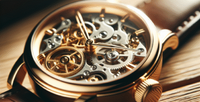Nærbilde av en elegant Omega gullklokke på et trebord, fokus på detaljrikdom i urverket og gullfinish, myk naturlig belysning, luksuriøs og tidløs stemning