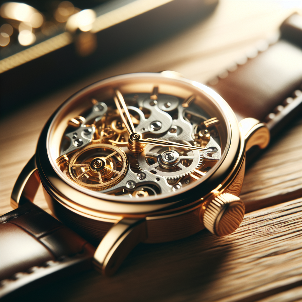 Nærbilde av en elegant Omega gullklokke på et trebord, fokus på detaljrikdom i urverket og gullfinish, myk naturlig belysning, luksuriøs og tidløs stemning