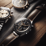 Nærbilde av en Omega Seamaster og Speedmaster på en mørk trebakgrunn, myk belysning, detaljer i stål og gull, elegant og tidløs stil